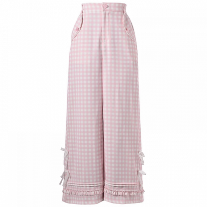 ピンクチェック柄ハイウエストレースリボンワイドレッグパンツ（レギュラー/ショート）