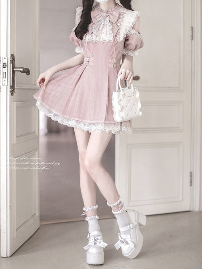 Cutout Neck Kei with Pink Lace Plaid Lace-up Dusty Jirai in Style White Shoulder Dress Details
