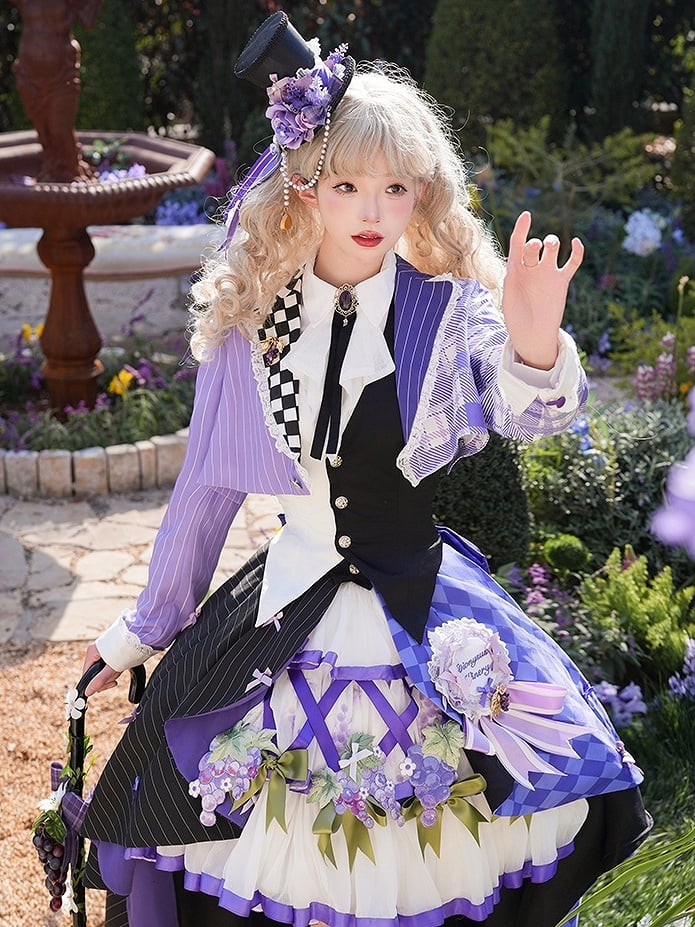 ウエストコートトップス - ブレザー クロップド丈王子セット 半分チェック柄 半分ストライプ パープルロリータ 半分黒 + 半分白 バックレス柄