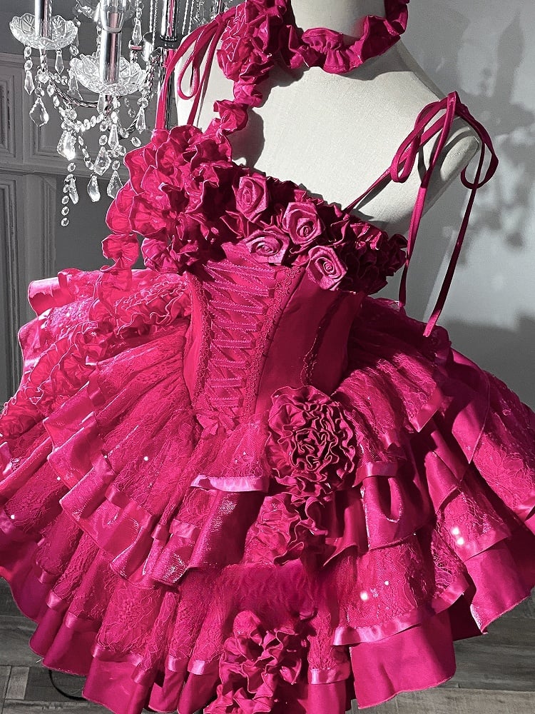 Barbie Boning Tiered Ruffle Roses Pailletten Hot Pink Kleid Goth Ausschnitt Lolita