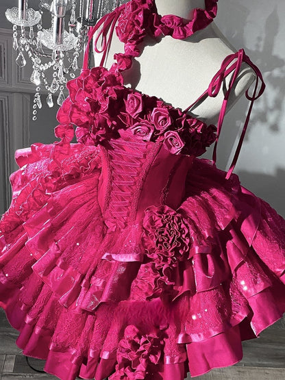 Barbie Boning Tiered Ruffle Roses Pailletten Hot Pink Kleid Goth Ausschnitt Lolita