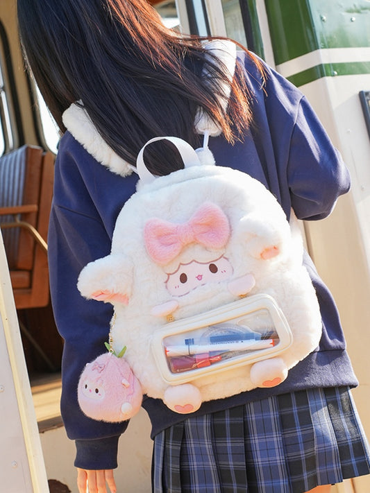 White Lamb-shaped Bowknot Heart Plush Backpack With A Detachable Pencil Case