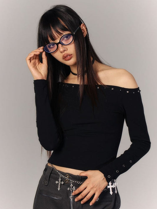 Punk Off-Shoulder Floral Top Studded Black with Back Asymmetrical Sheer
