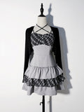 Gray Jirai-kei Plaid Halter Tiered Ruffle Dress with Black Knit Cardigan Set - GingaU