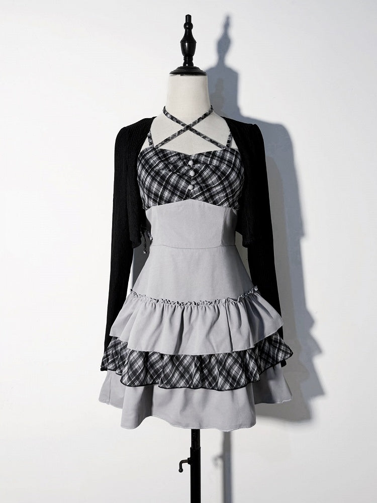 Gray Jirai-kei Plaid Halter Tiered Ruffle Dress with Black Knit Cardigan Set - GingaU