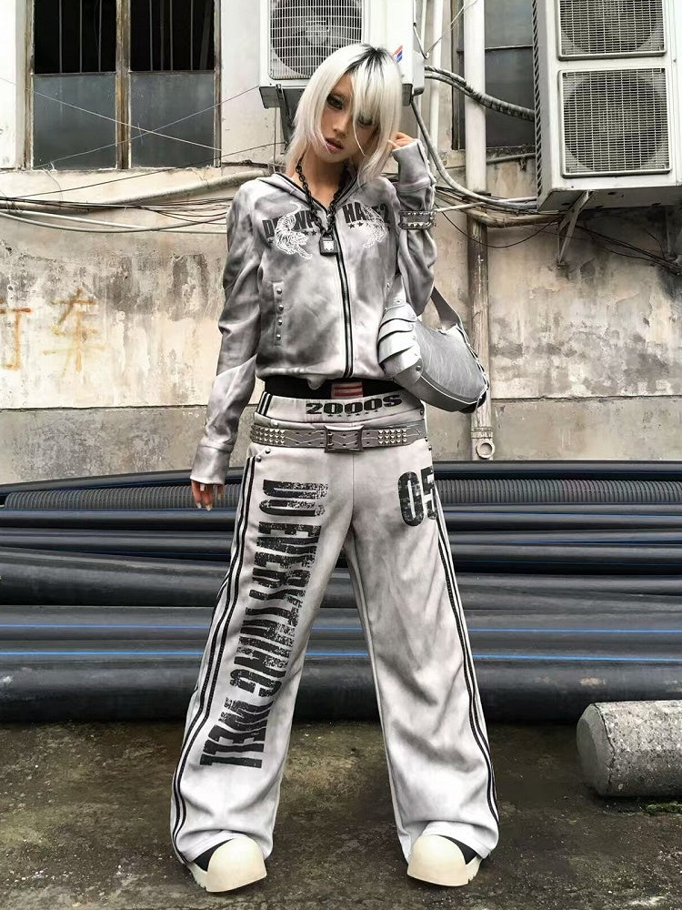 Washed Grey Double Waistband Loose Sweatpants Letter Print - DETW OnLine