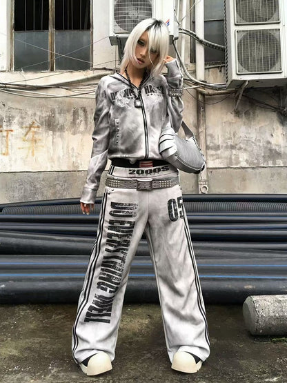 Washed Grey Double Waistband Loose Sweatpants Letter Print - DETW OnLine