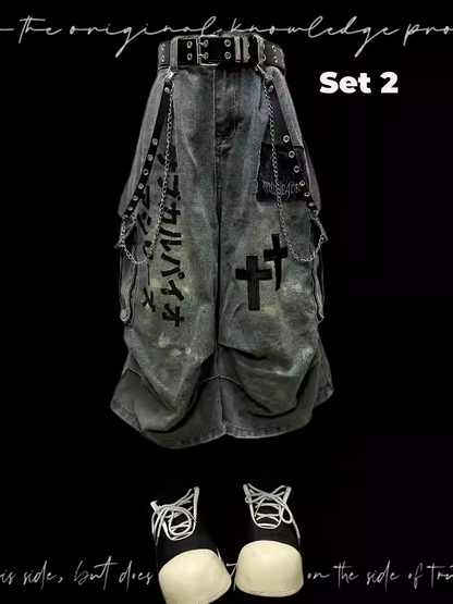 Light Wide-leg Appliques Cross Punk Blue Distressed Wasteland Jeans Cargo