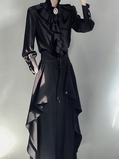 Cascading Ruffles Jabot Blouse – Leg-of-Mutton Sleeves + Brooch | ROAE