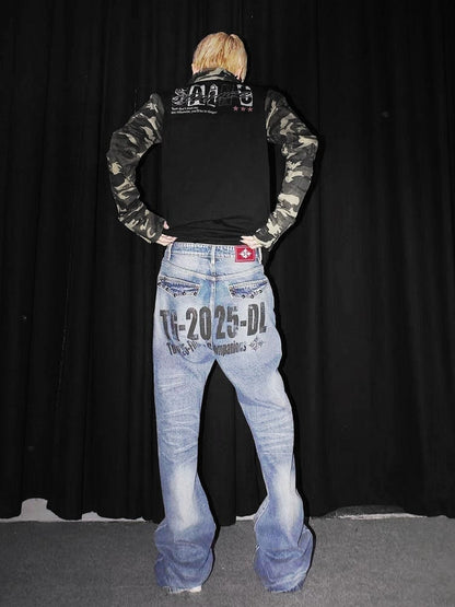 Washed Blue Flared Denim Jeans with Rivet Letter Prints - DETW OnLine