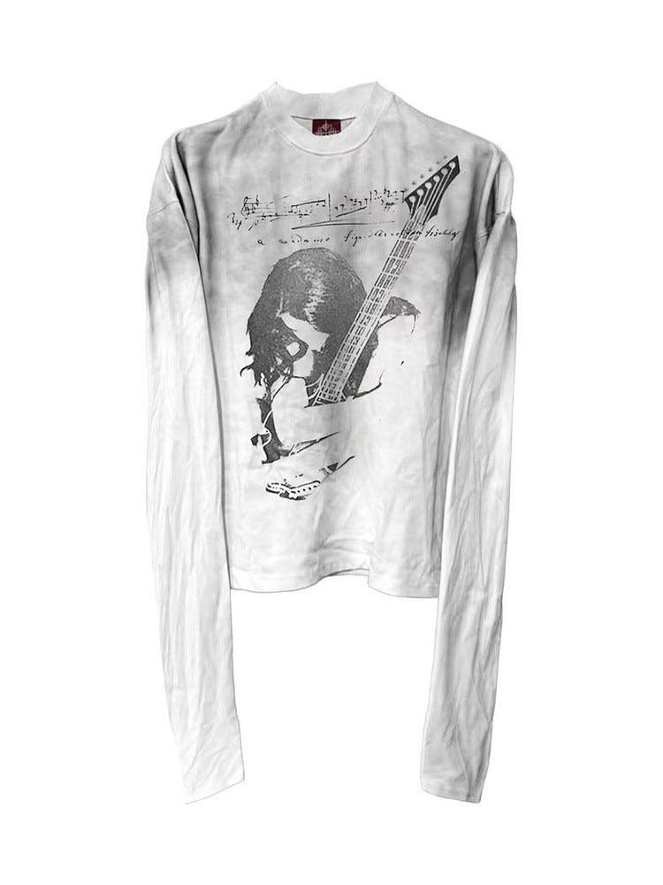 Genderless Punk Washed Distressed White Round Neck Top Guitar Girl Print