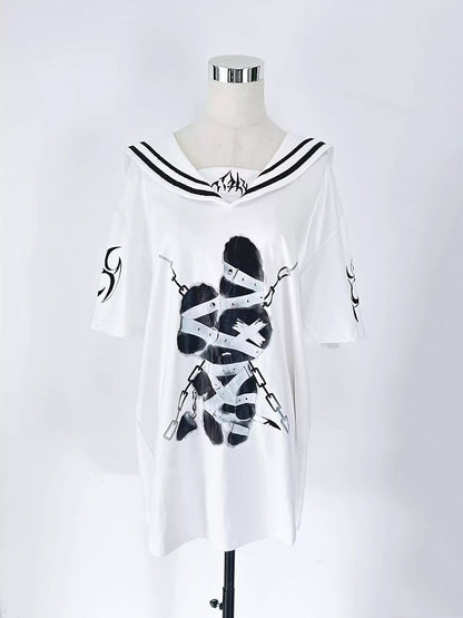 Panel Cotton Detachable White Chest Collar Embroidered Gothic Restraint Bunny Print T-shirt Sailor with