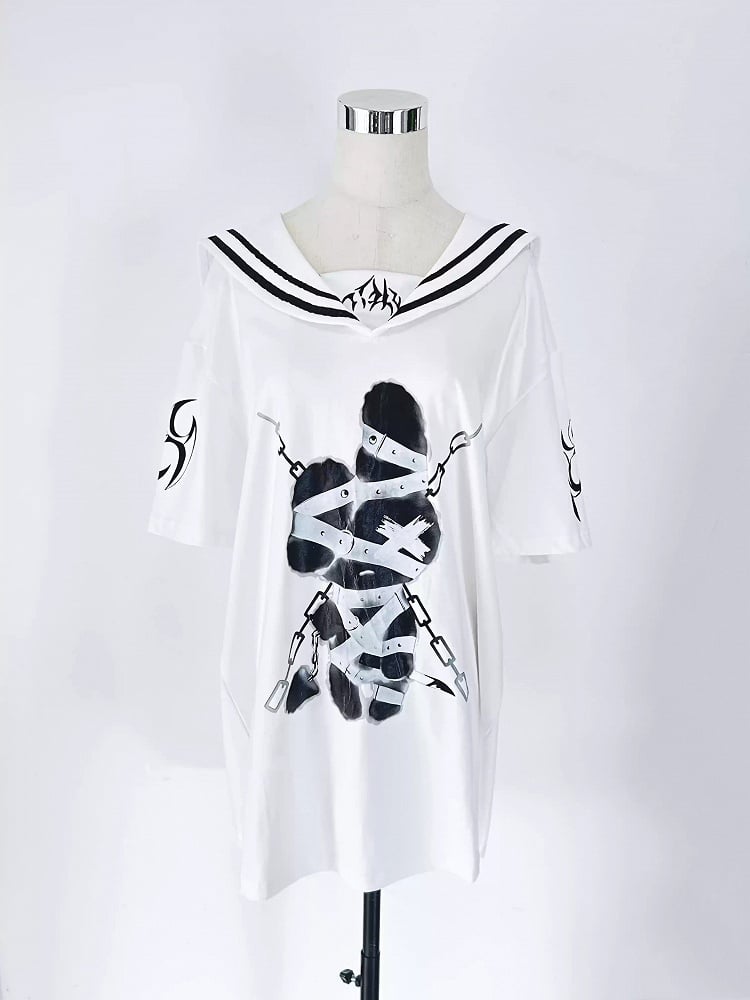 Panel Cotton Detachable White Chest Collar Embroidered Gothic Restraint Bunny Print T-shirt Sailor with