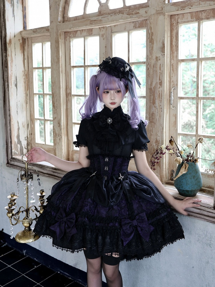 Gothic Puff Sleeve Shirt, Spider Cross, Black & Purple with Bowknot Collar - Pear Island Sweet Tea