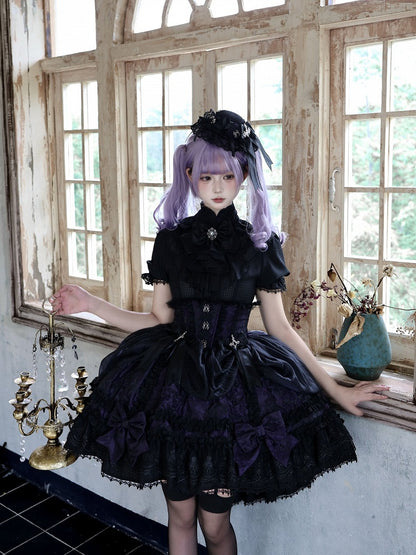 Gothic Puff Sleeve Shirt, Spider Cross, Black & Purple with Bowknot Collar - Pear Island Sweet Tea