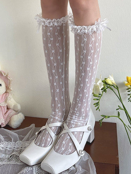 トリムレース 膝下 花柄 ホワイト/ベージュ/ブラック ロリータストッキング