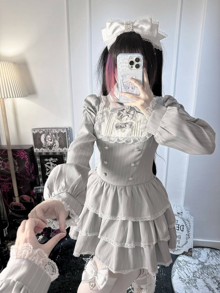 Gray Striped Ryousangata Two-Piece Set with Tiered Ruffle Dress, Bows, Lace & Bloomers - Virtual Paradise