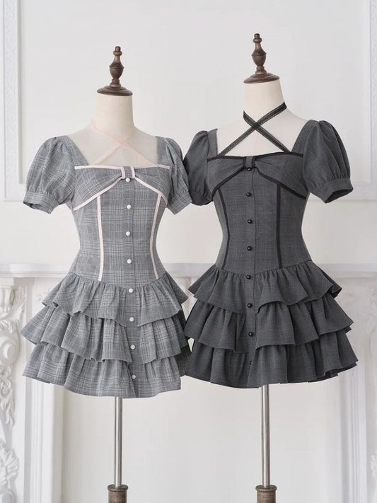 Gray Plaid Halter Tiered Ruffle Dress and Shorts Ensemble - No Genki