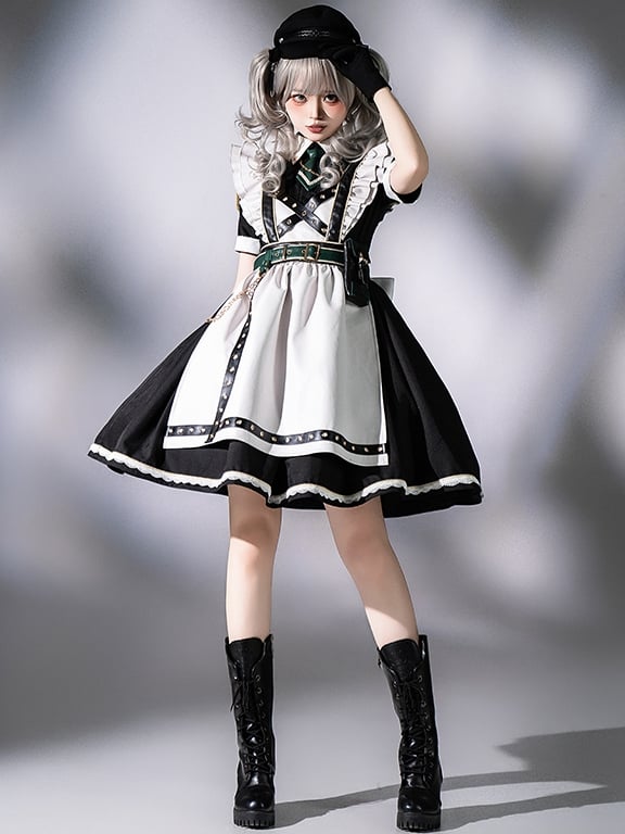 Kleid kurz Militär voller Lolita Flatterärmel und Dienstmädchen Schürze Set schwarz