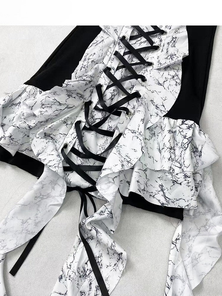 Strapless BlackWhite Glamorous Y2K Trim Lace-up Cascading Detail Dress Ruffle