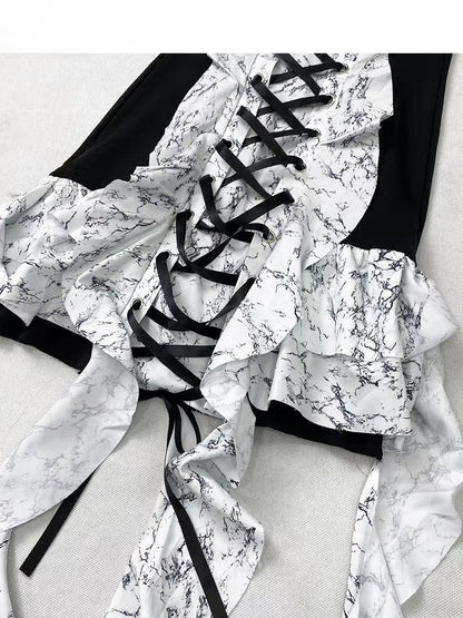 Strapless BlackWhite Glamorous Y2K Trim Lace-up Cascading Detail Dress Ruffle