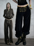 Black & Gold Double-Breasted Straight Leg Sweatpants with Lace Trim, Punk Style - NO ROMANCE