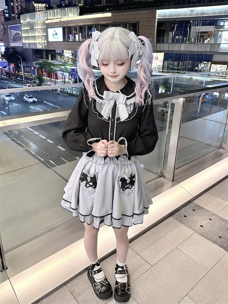Tie Jirai Kei Schwarze Bluse mit Peter-Pan-Kragen und langen Ärmeln, gratis mit Schleife