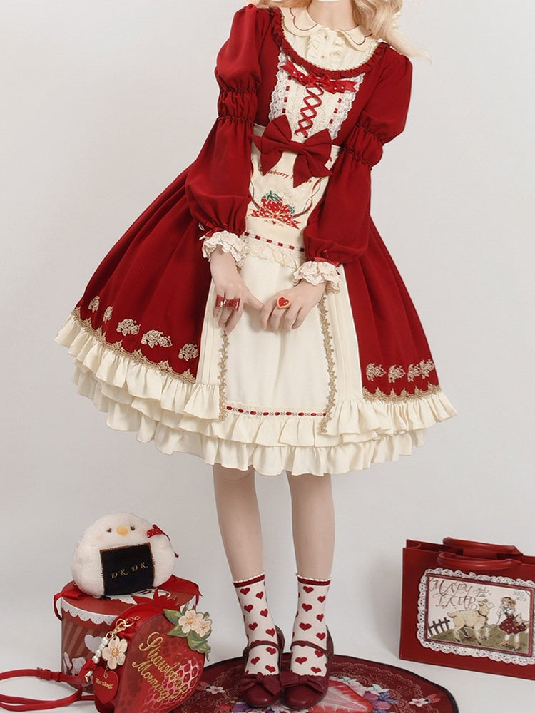 with Long-sleeved and Sweet Hem Red Apron Ruffle Beige Strawberry Embroidered Lolita Dress