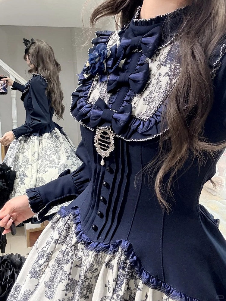 Piece Animals Lolita White Print Long-Sleeve One Dark Elegant Blue Forest