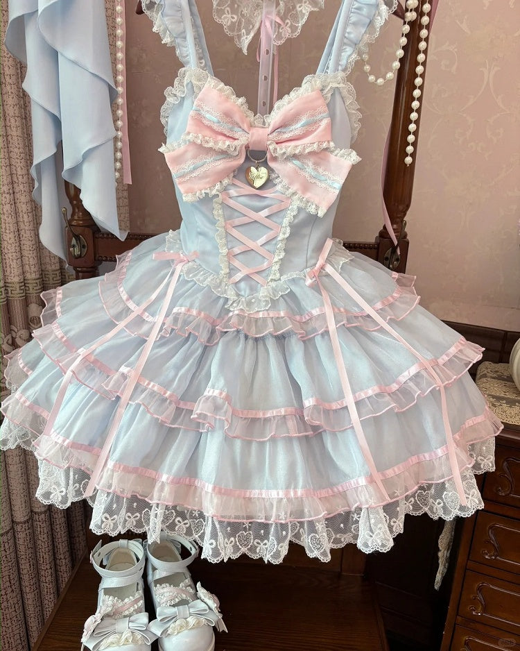 Rock und rosa blauer Pulloverrock Hime Lolita-Kleid Flatterärmel gestuft