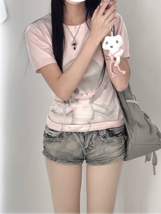 ネックBJDドールプリントスリムフィットTシャツピンクラウンド