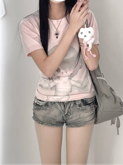 ネックBJDドールプリントスリムフィットTシャツピンクラウンド