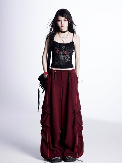 Rot/Schwarzes Vintage-Camisole-Top mit Buchstabendruck, glamourös