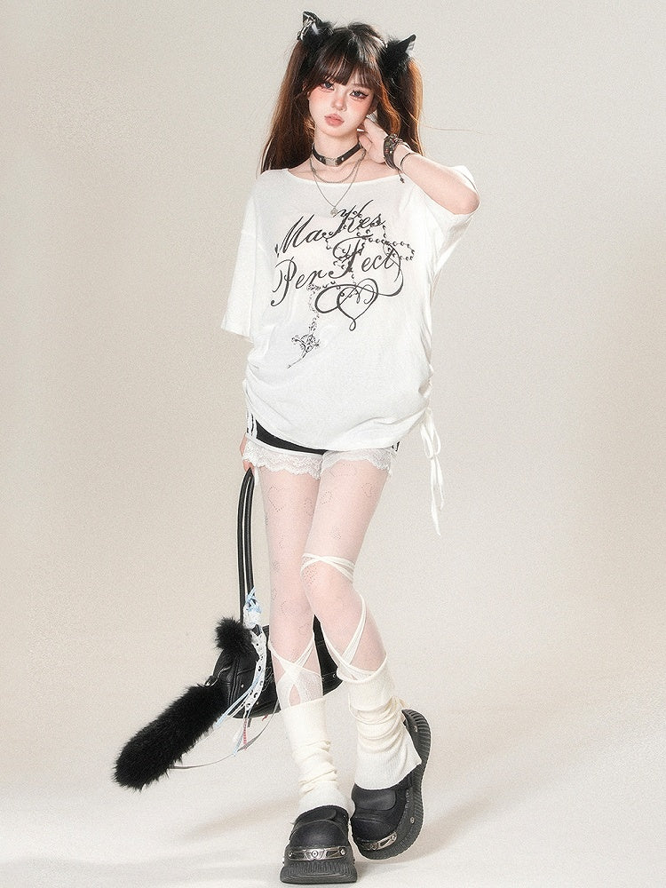 T-shirt Asymmetrical Letter Print White Glamorous Neckline
