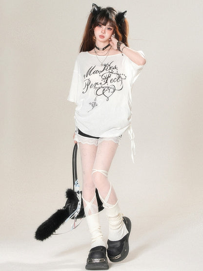 T-shirt Asymmetrical Letter Print White Glamorous Neckline