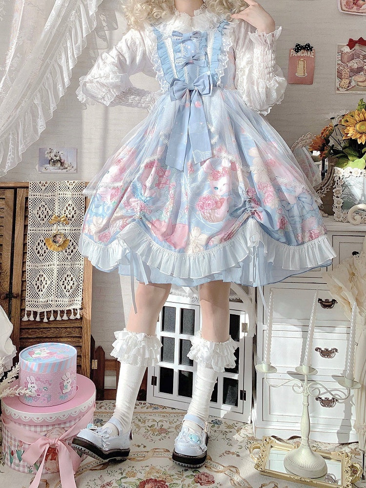Lolita Blue Sheer Dusty Floral Tulle JSK Train Bunny with Dress Print