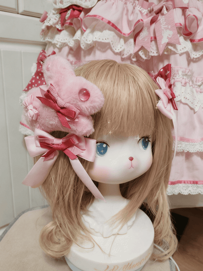 Two Sweet Plush Lolita + Bowknot Hairclip Hairclips White/Pink Bunny