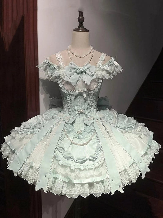 Green Dress Waist and with Princess Bows Bead Decorated Chains Lolita Corset Balletcore