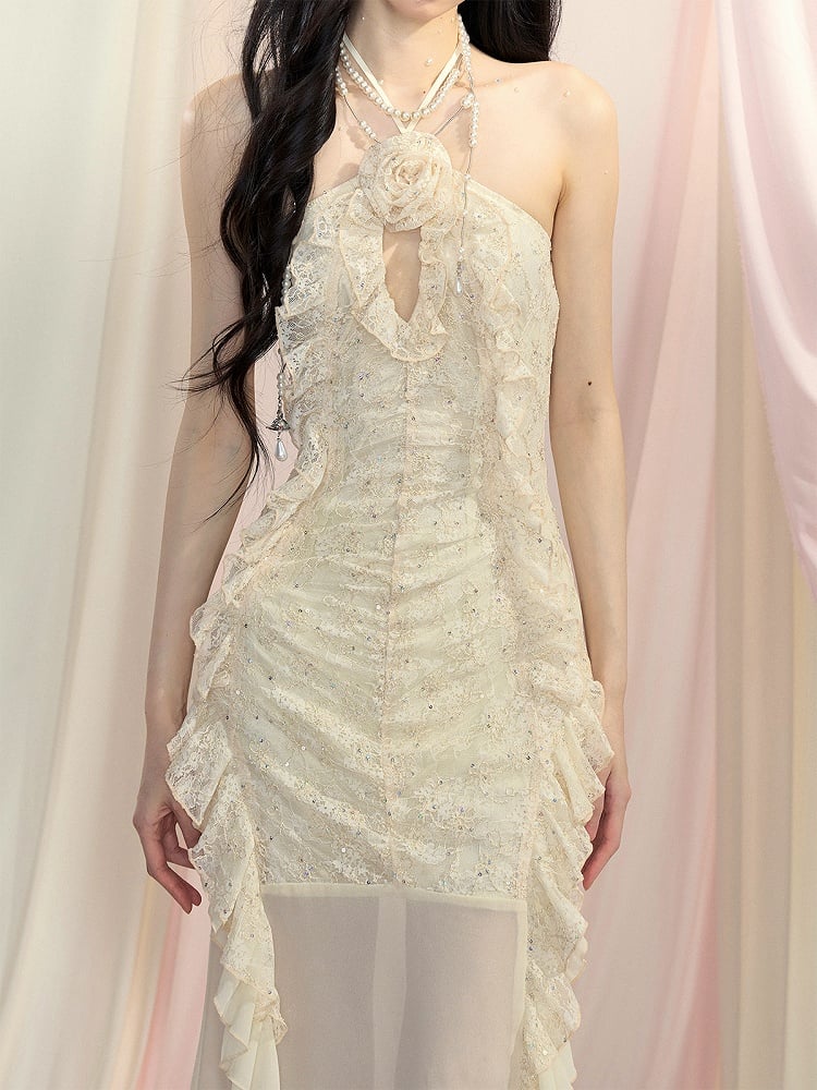 Detail Cascading Ruffle Accents Halter Neck Dress Apricot Cutout