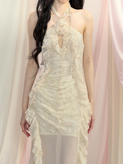 Detail Cascading Ruffle Accents Halter Neck Dress Apricot Cutout