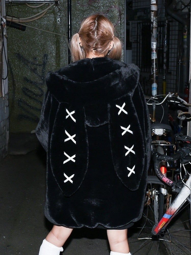 Dark Jirai Kei Plush Bunny Ear Hooded Winter Coat with Crossed Detail | Purple / Black / White