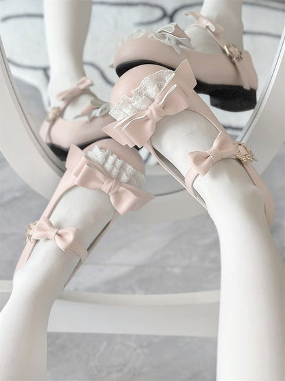 Low-heel/Mid-heel Accents Sweet Delicate Bow Lace Mary Pink Lolita Shoes in Jane