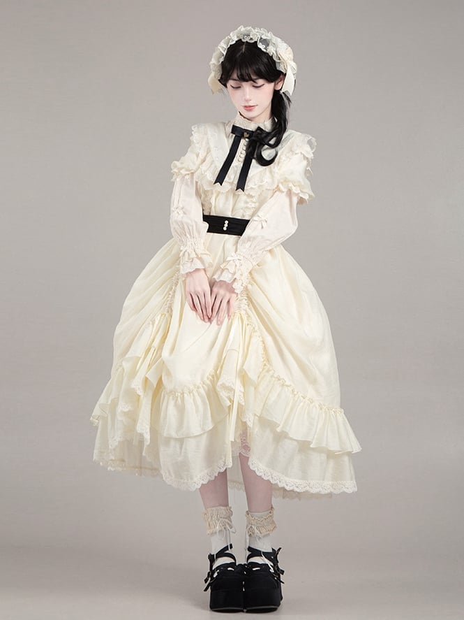 Schleifen Beige Fashion Kordelzug Lolita Kleid Schwarz mit Design Vielseitig und Taillengürtel