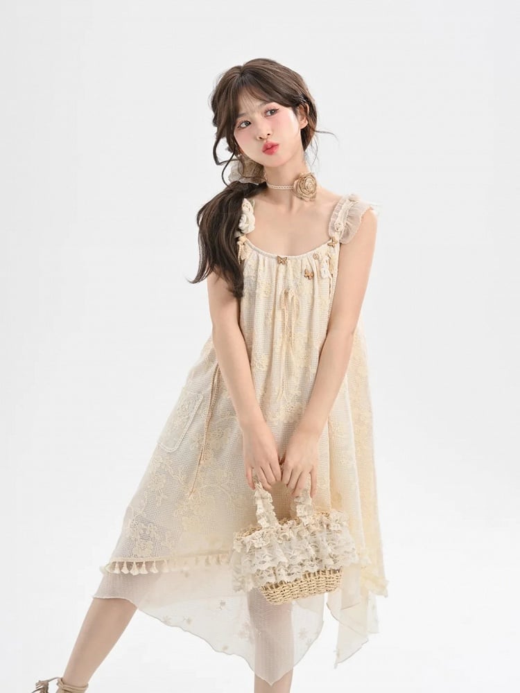 and Butterfly Accents Apricot Jacquard Dress with Tassel Hem Sleeveless Handkerchief Floral Hem