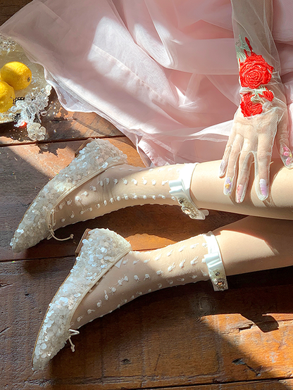 Strassverzierte Socken mit Schleife Weiß/Grau/Schwarz