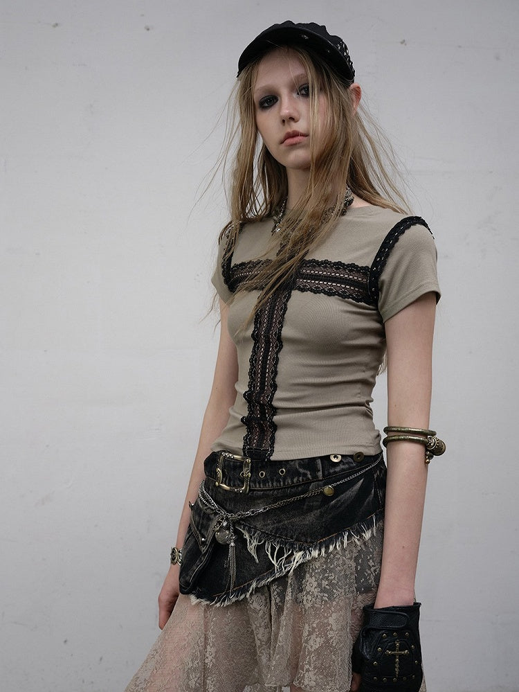 T-shirt Greyish with Cross Print Black Accents Punk Necklace Reversible Green Lace