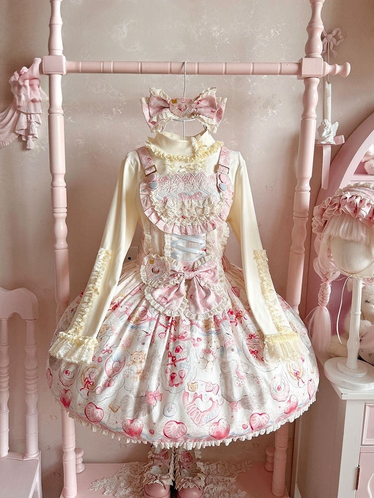 Strawberry and Cat Theme Sweet Pink Bow Lolita Overall Dress with Detachable Heart Brooch - wawao good night bear