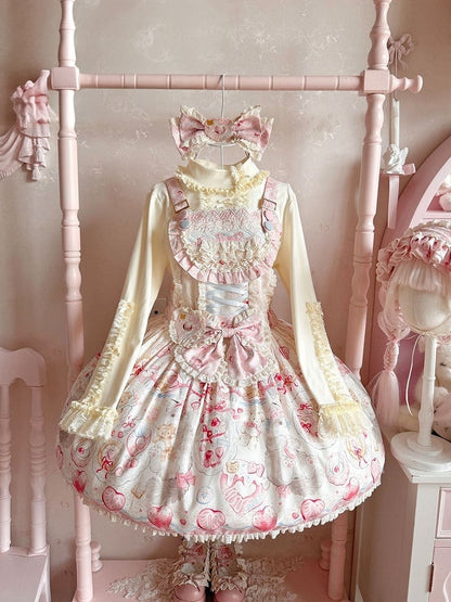 Strawberry and Cat Theme Sweet Pink Bow Lolita Overall Dress with Detachable Heart Brooch - wawao good night bear