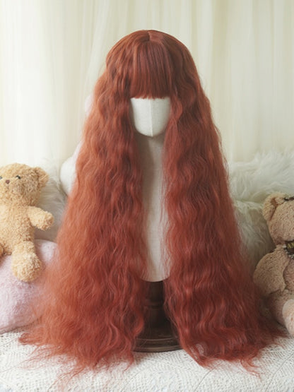 Karamell/Blond/Orange/Hellblond, hüftlange, lockige Perücke mit vollem Pony