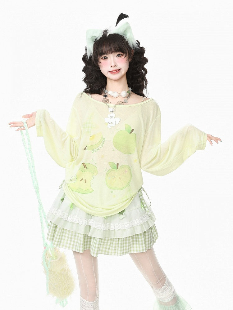 Breathable Apple-Print Long Sleeve Kawaii Top in Green for Warm Weather - Languid Park